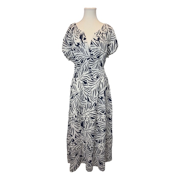 Nicole Miller Ny Large Navy White Palm Print Linen Smocked Maxi Dress Resprt